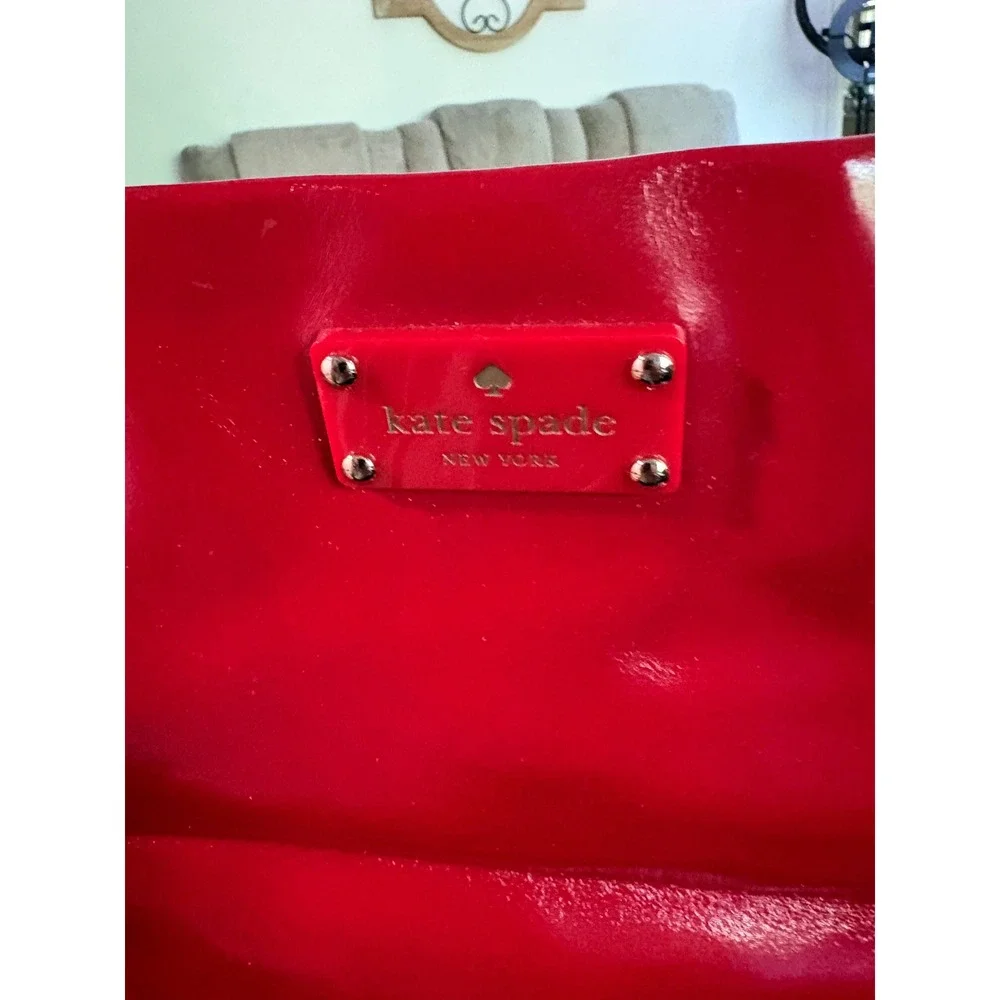 Kate Spade New York Red Patent Leather Tote Bag Polka Dot Lining Shoulder Bag